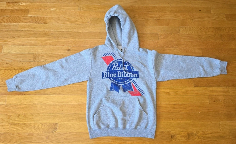 Pabst Blue Ribbon PBR Beer Hoodie Mens S Gray Pullover Graphic Logo Sweatshirt